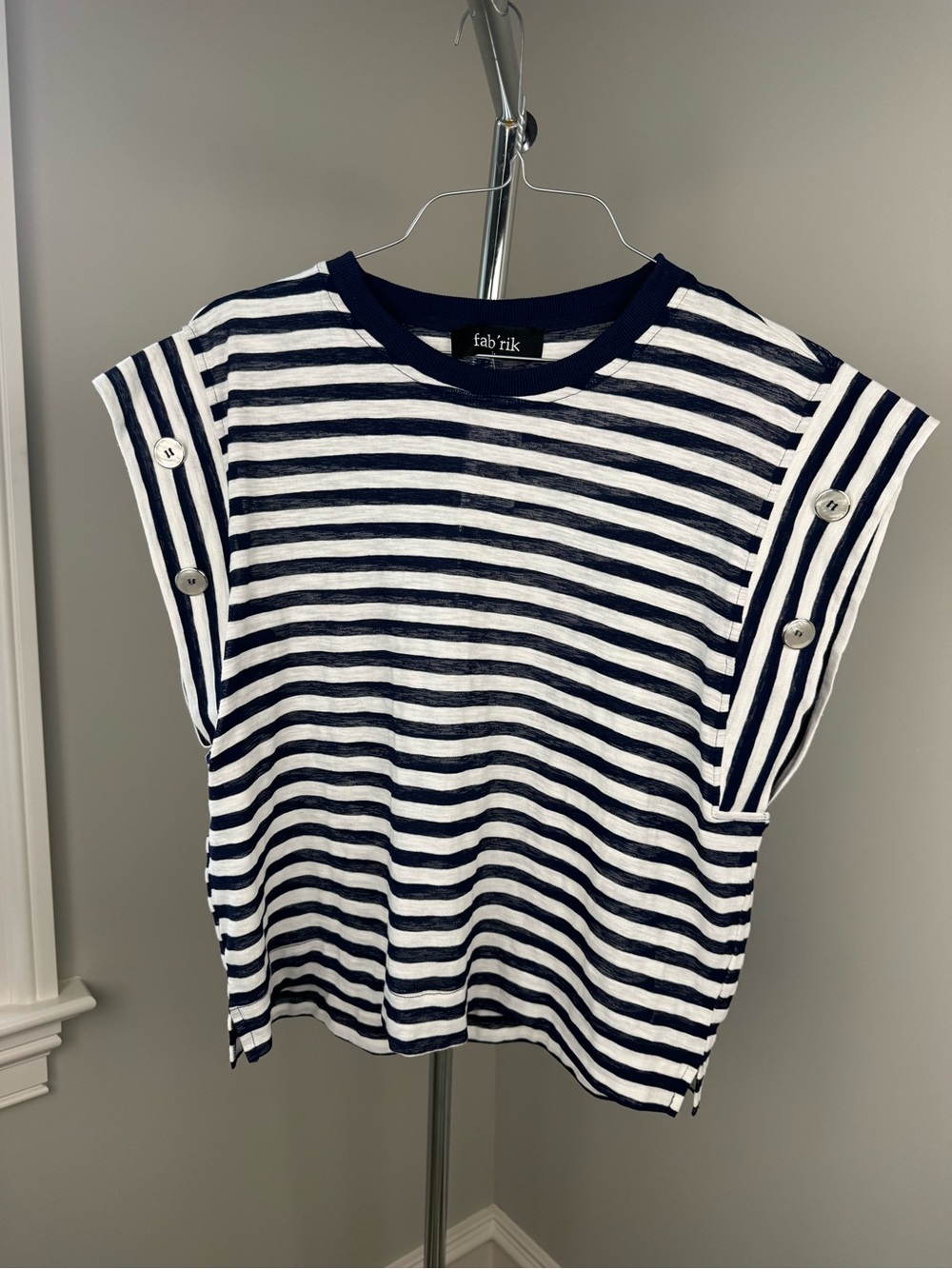 fab'rik Navy and White Striped Cap-Sleeve Top